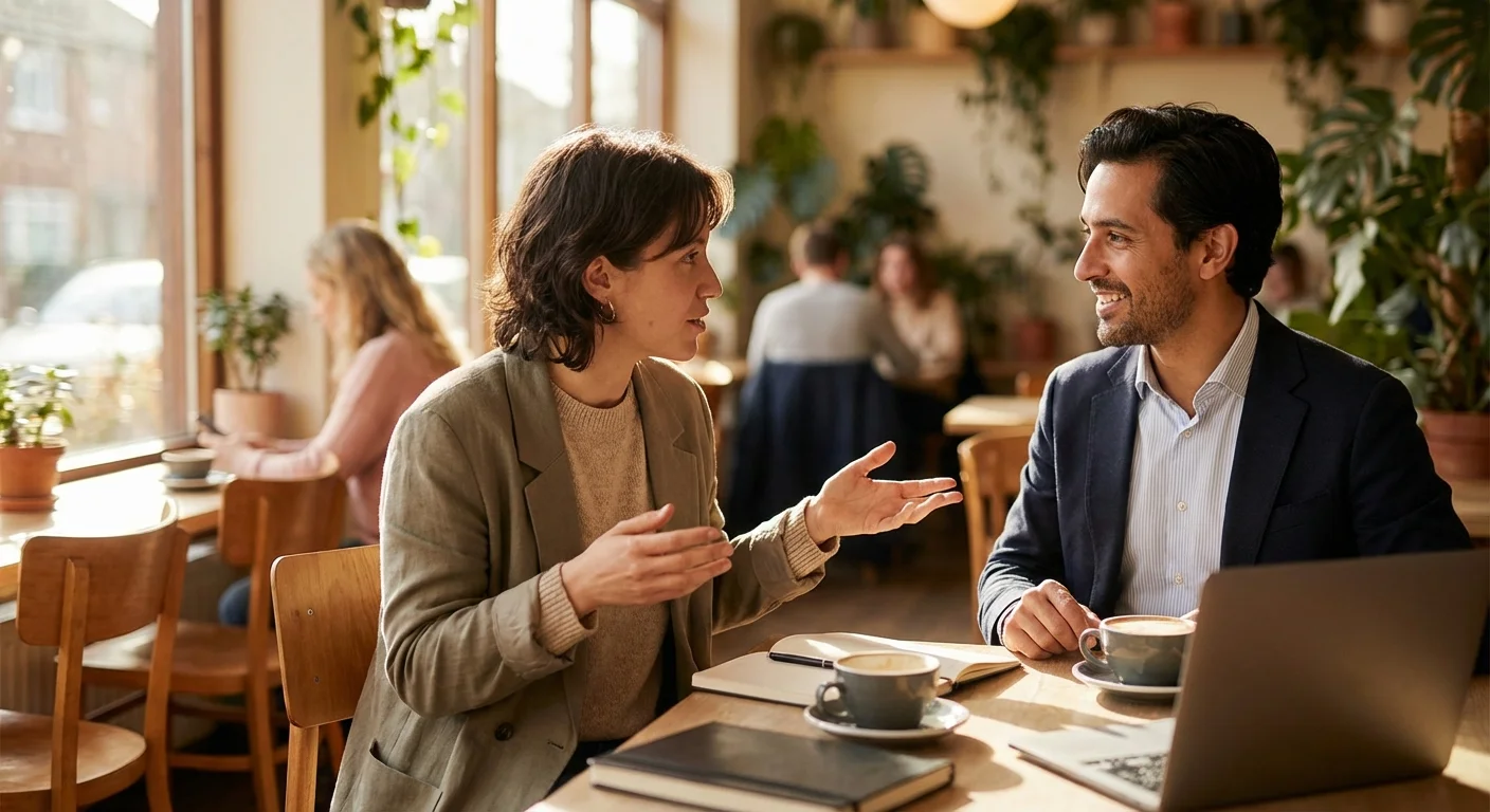 Two people having a professional meeting in a bright, modern cafe.