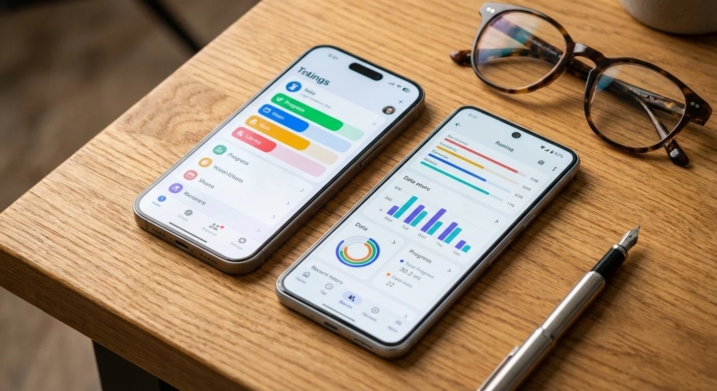 Two smartphones on a wooden desk displaying modern budgeting app interfaces with colorful charts.