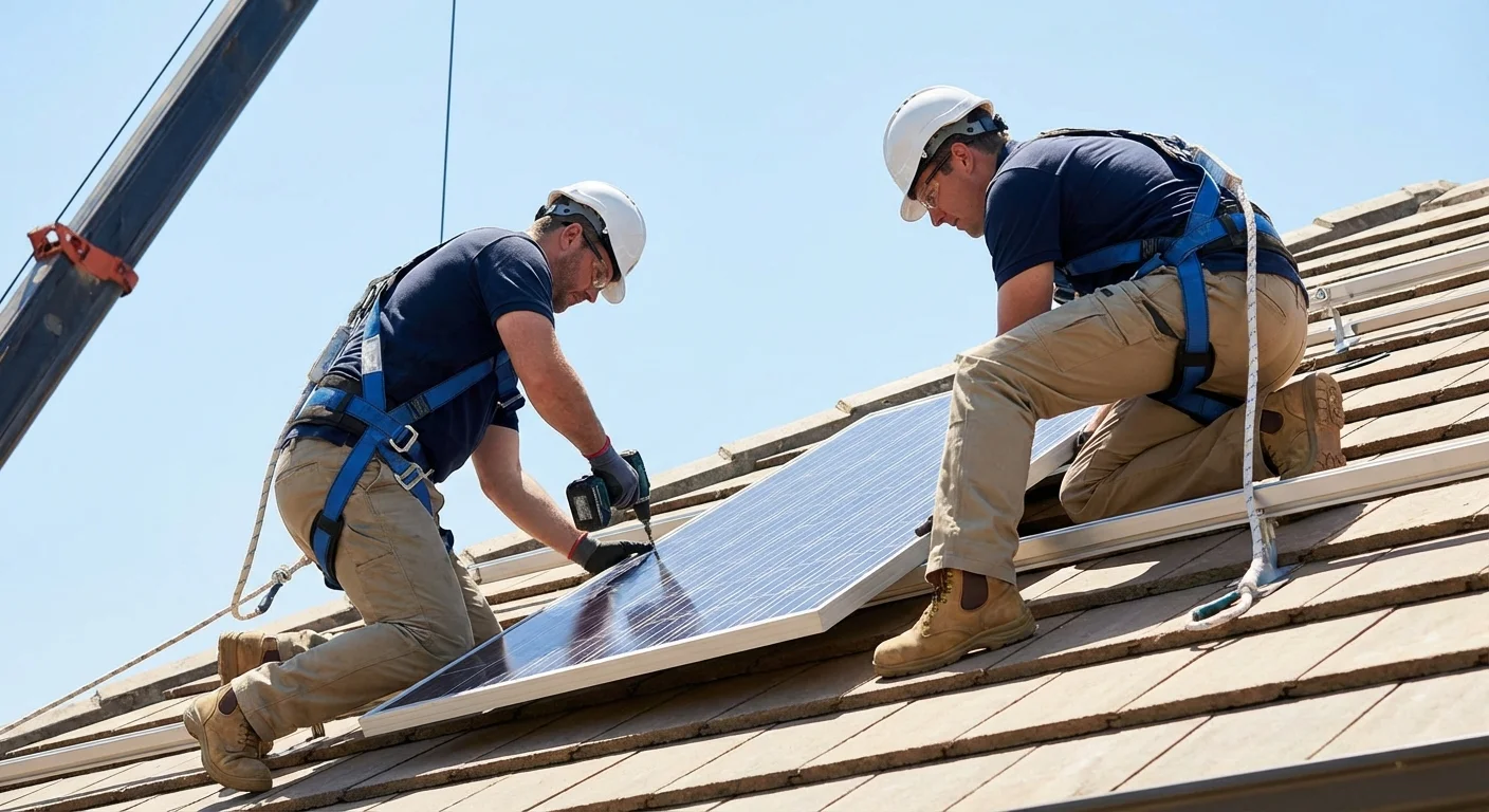 Professional solar installers working on a residential roof under a blue sky.
