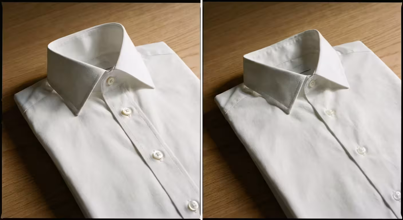 Two white shirts compared side-by-side to show differences in construction quality.