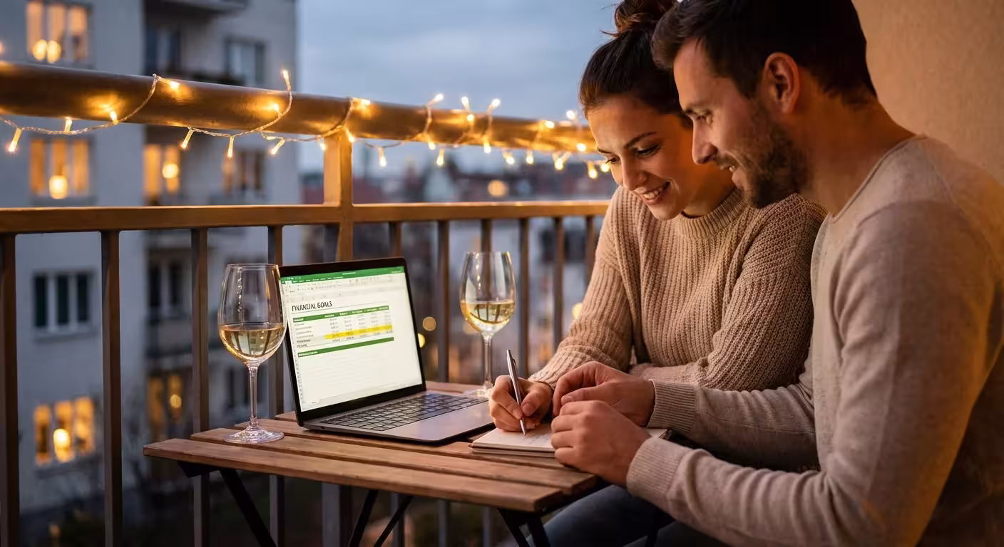 Two wine glasses and a laptop on a balcony at sunset, illustrating the concept of a relaxed 'money date'.