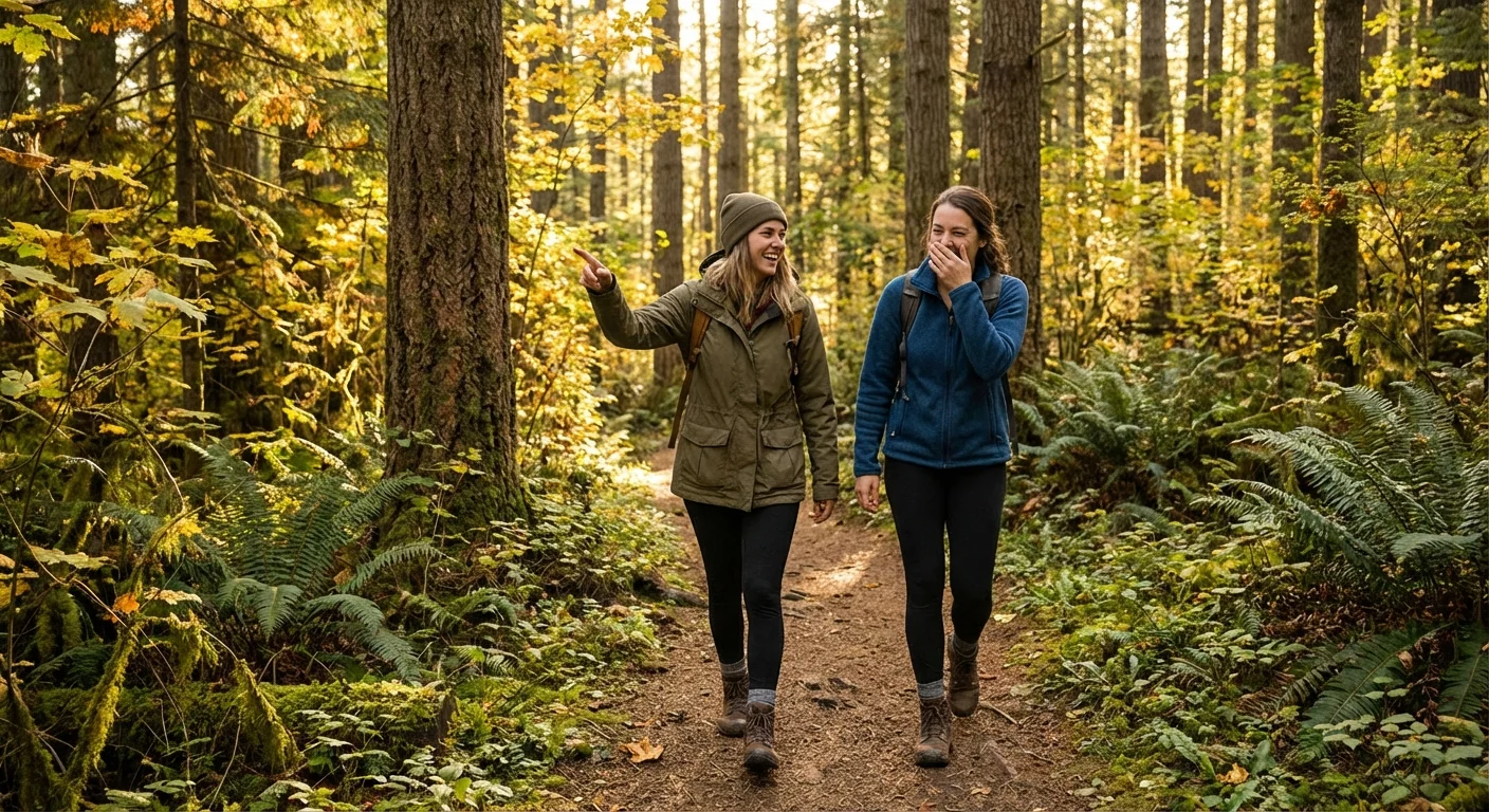 Two friends hiking on a beautiful, sun-dappled forest trail.