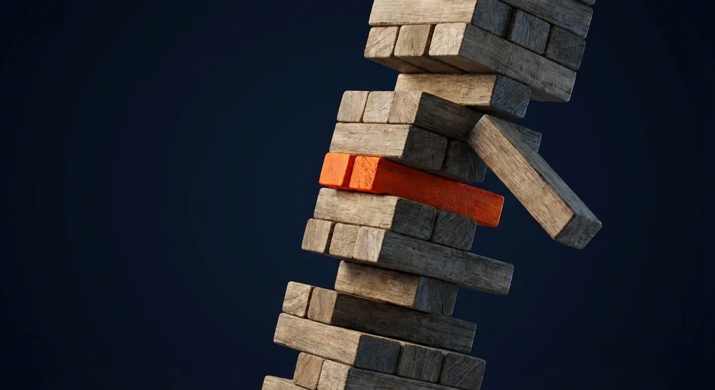 A leaning 3D tower of blocks with one highlighted in red, symbolizing financial traps.