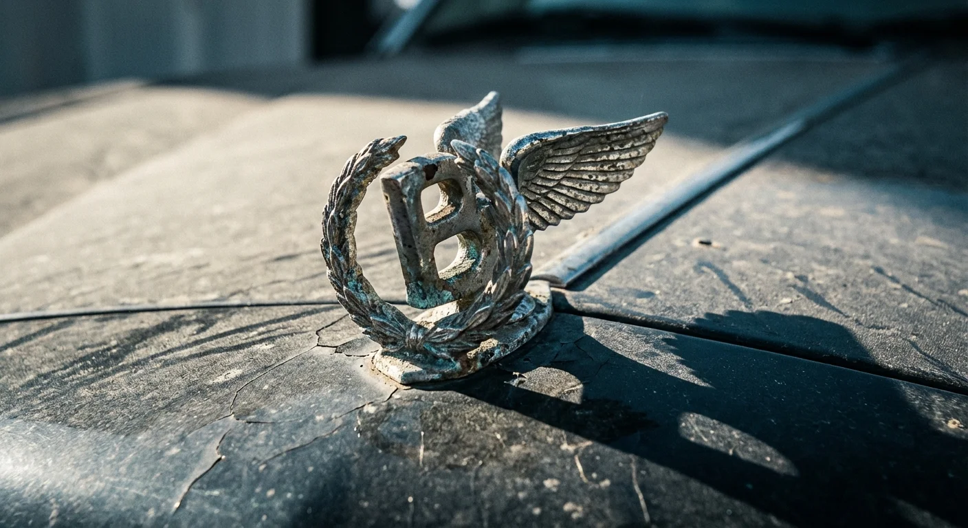 A close-up of a dusty luxury car emblem showing signs of age.
