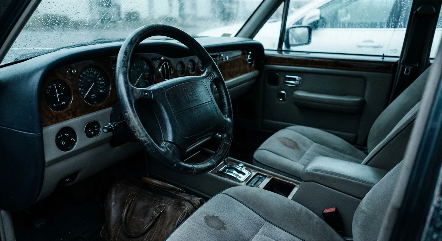 Interior of a car showing slight wear on the seat and wheel.