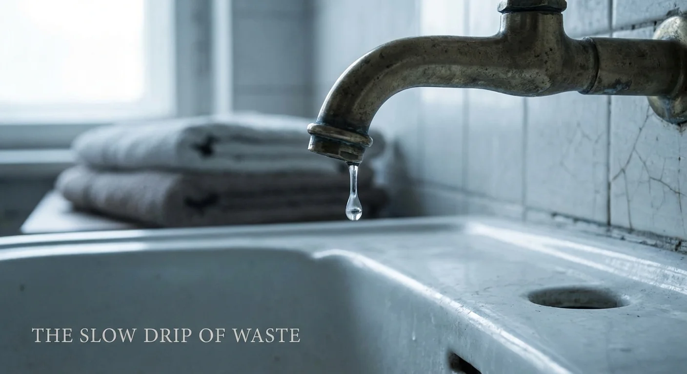 Close-up of a dripping faucet, symbolizing the high cost of minor leaks.