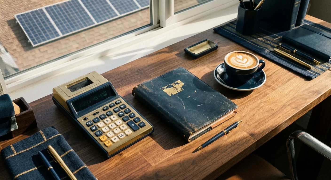 Top-down view of a desk with a calculator and planner next to a sunny window.