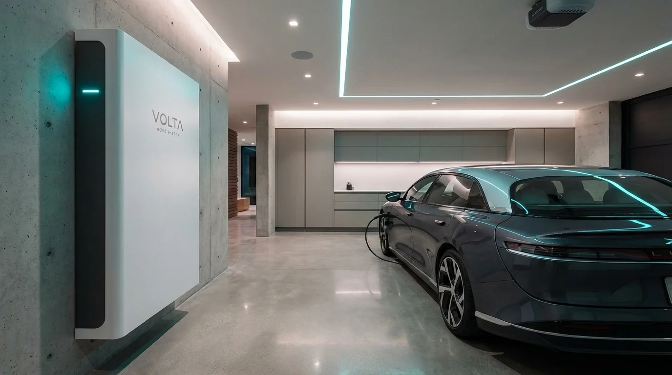 A sleek white home battery storage unit mounted on a clean garage wall.