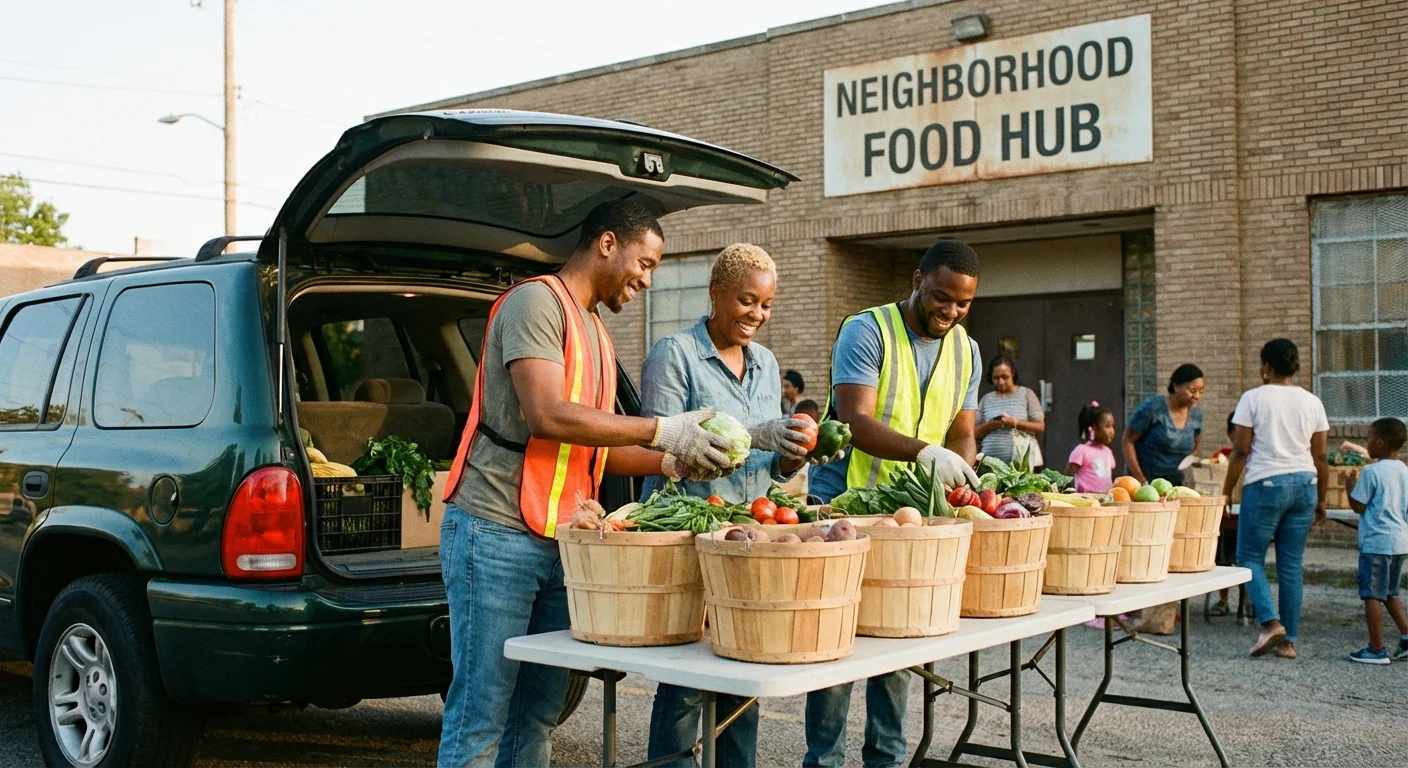 People sorting a large wholesale food order from the back of a car.