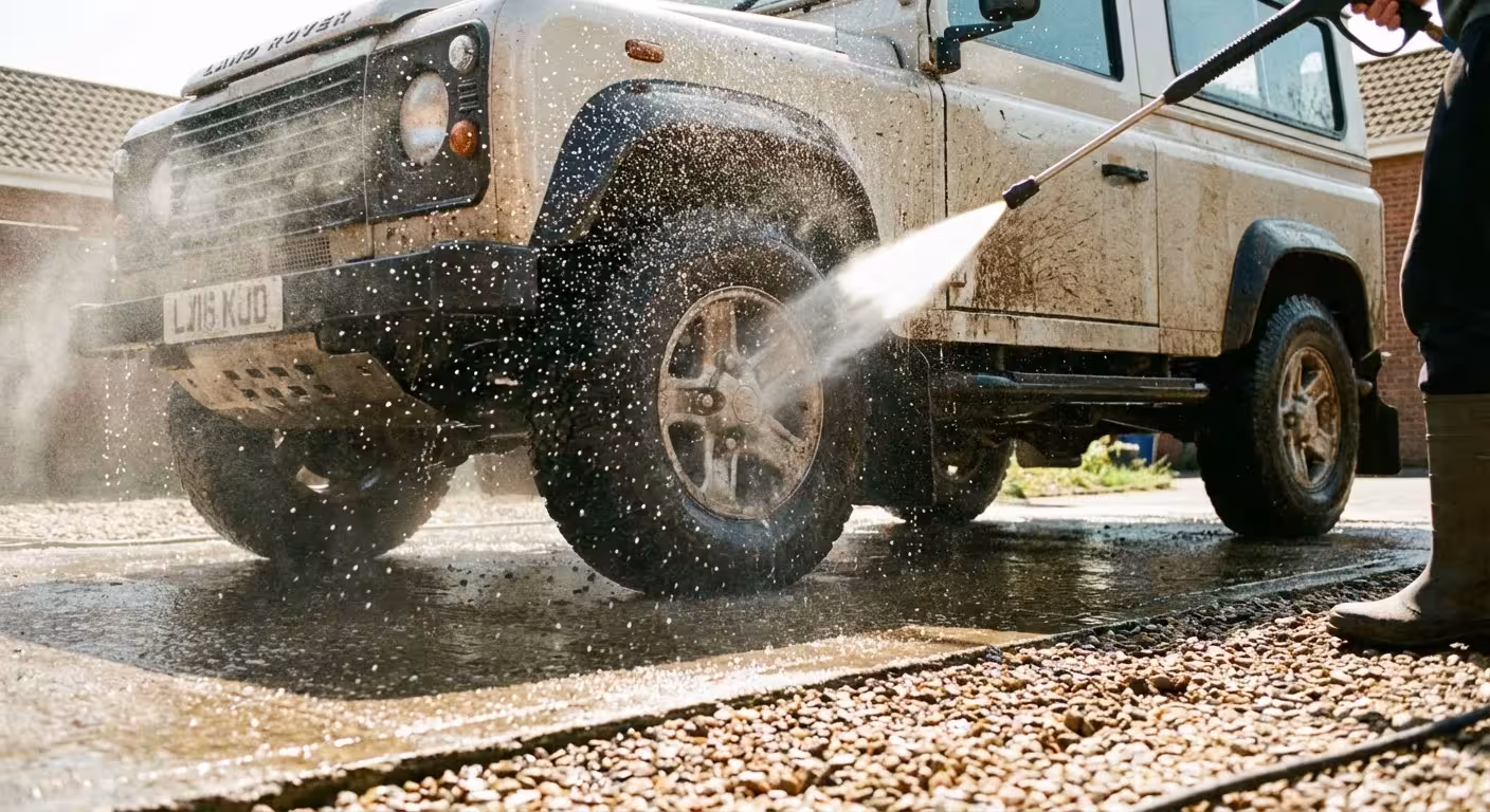 A car undercarriage being rinsed with water to remove dirt and salt.