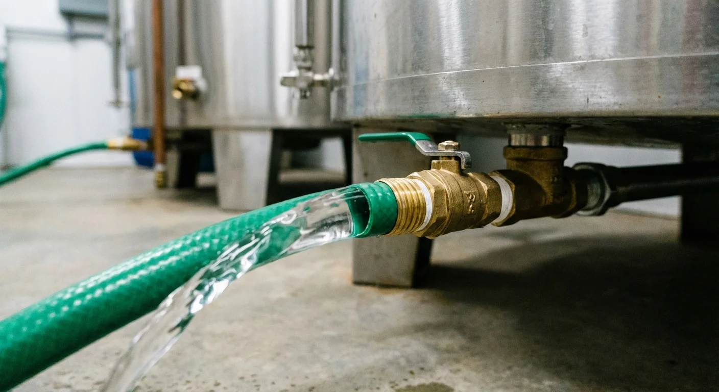 A hose connected to a water heater valve for maintenance flushing.