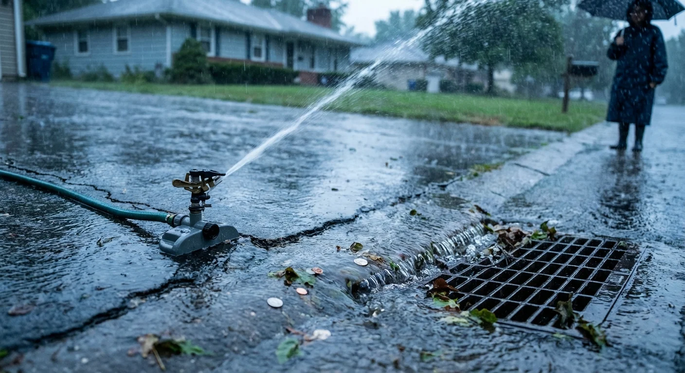 Water from a sprinkler wasting away on a concrete driveway during a rainstorm.