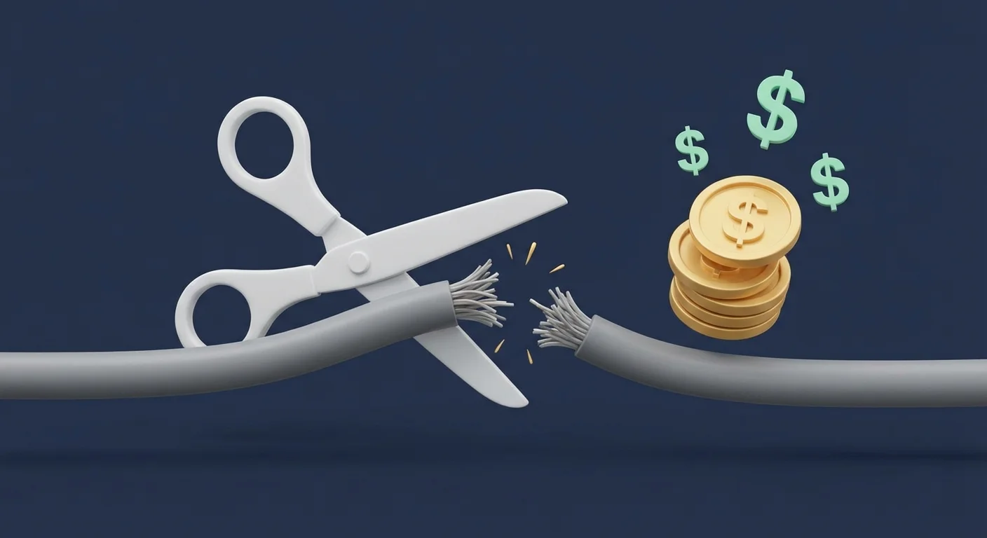 3D scissors cutting a gray cord to release floating gold coins and green dollar signs.