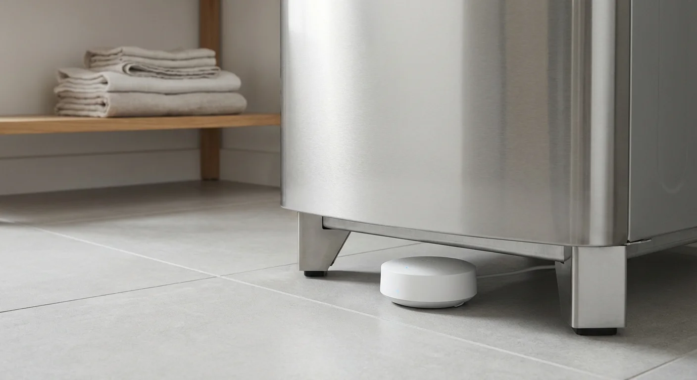 A smart leak detector sensor placed on the floor near a home water heater.