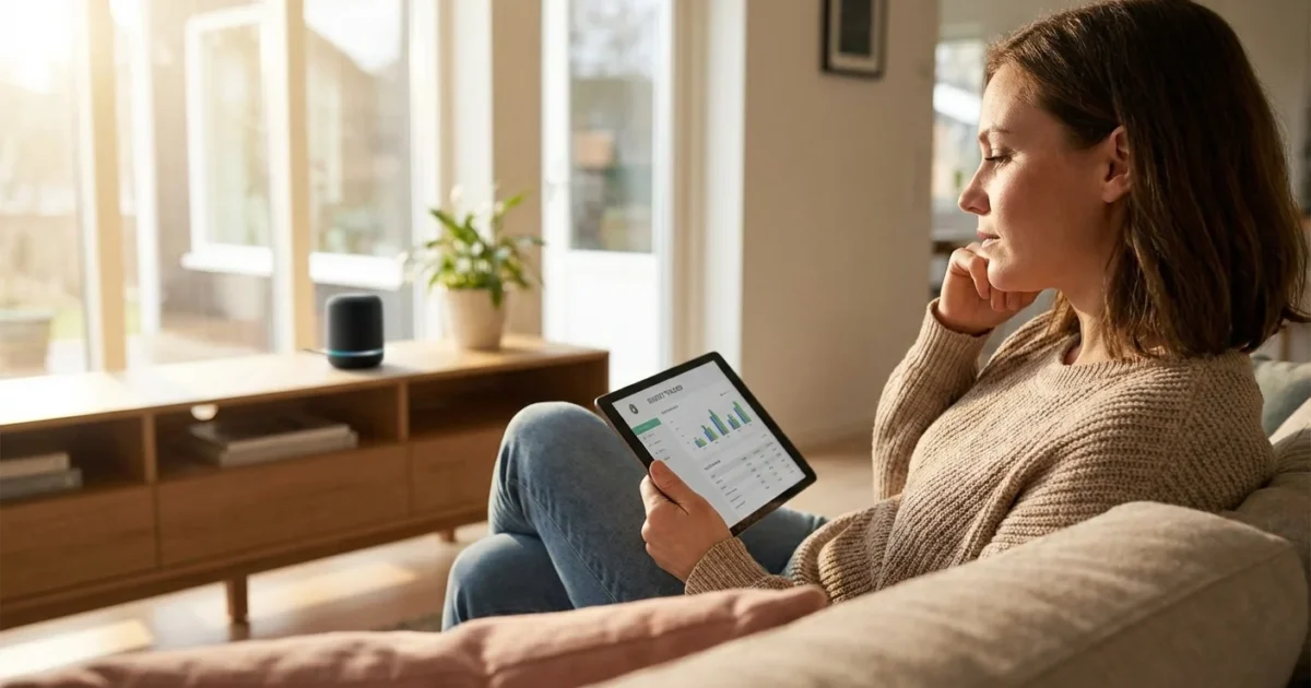 Woman sitting on a sofa reviewing business charts on a tablet in a sunlit living room