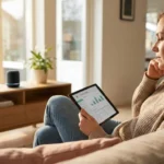 Woman sitting on a sofa reviewing business charts on a tablet in a sunlit living room