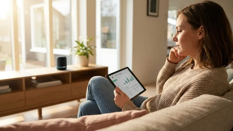 Woman sitting on a sofa reviewing business charts on a tablet in a sunlit living room