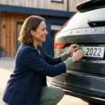 Smiling woman applying a green registration sticker to a grey Volvo car license plate