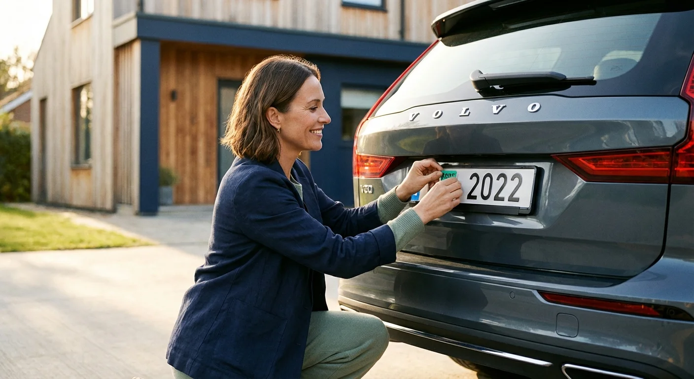 Smiling woman applying a green registration sticker to a grey Volvo car license plate