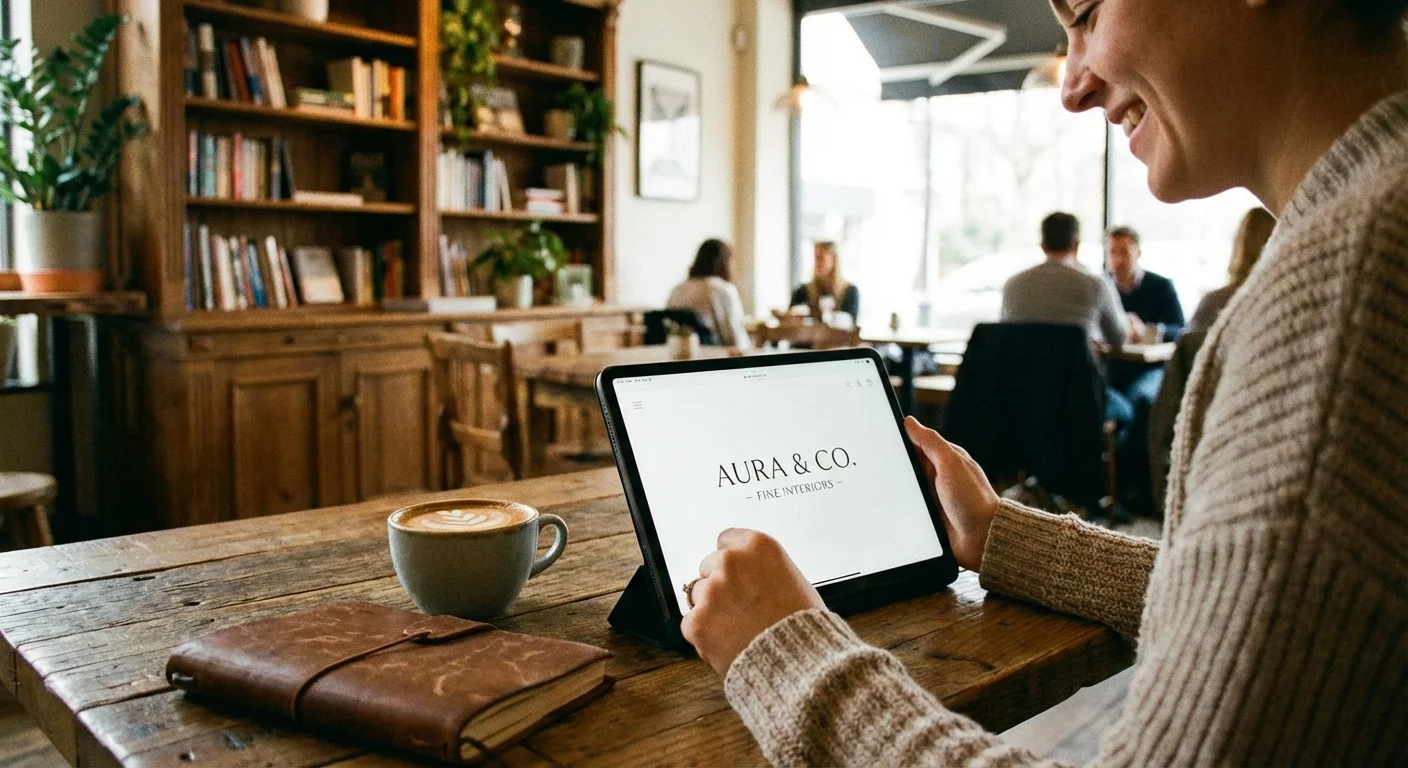 A person safely shopping for electronics on a tablet in a comfortable cafe setting.