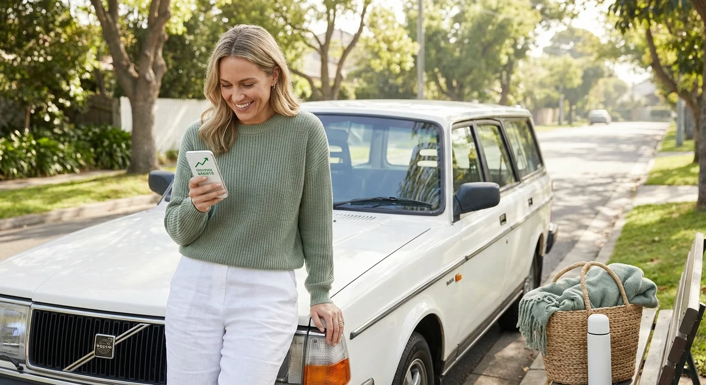 A woman smiling at her phone while leaning on her car, symbolizing financial savings.