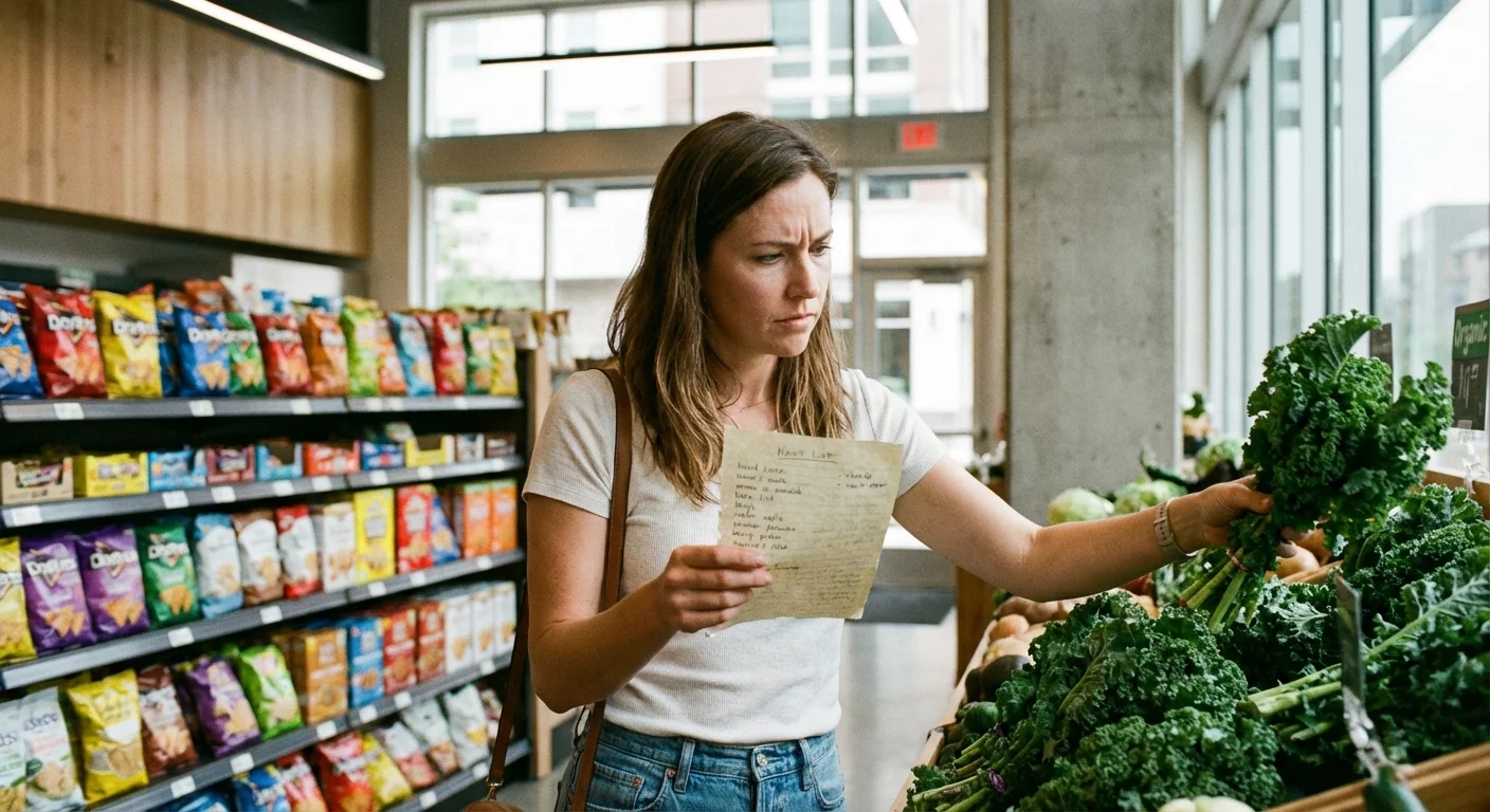 A shopper focusing on their grocery list in a store to avoid impulse purchases.