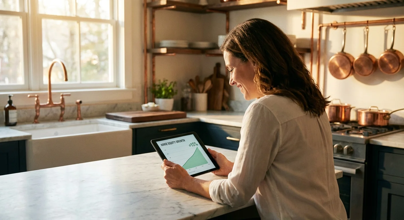 A homeowner using a tablet in a modern kitchen to manage home finances and maintenance costs.