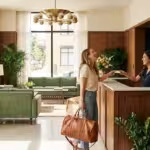 A smiling woman with a leather bag checks in at The Nomad hotel reception desk.