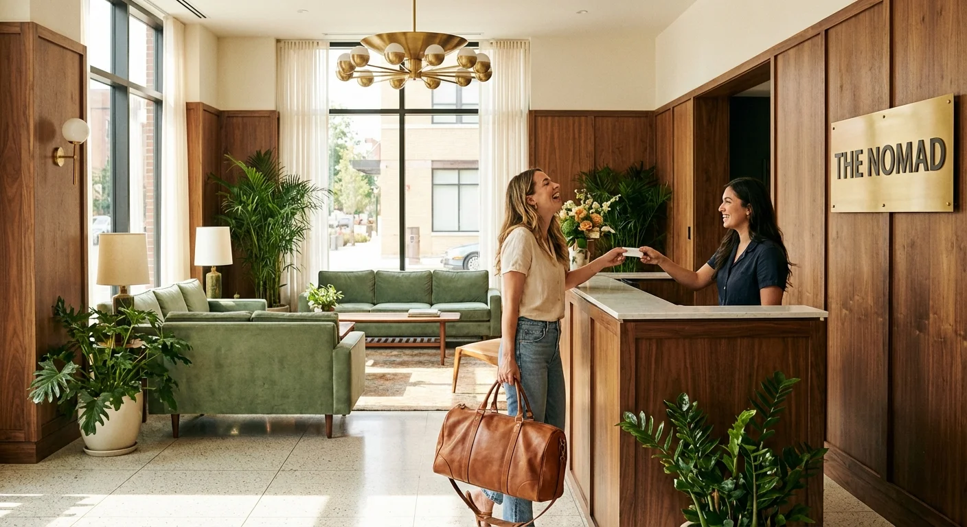 A smiling woman with a leather bag checks in at The Nomad hotel reception desk.
