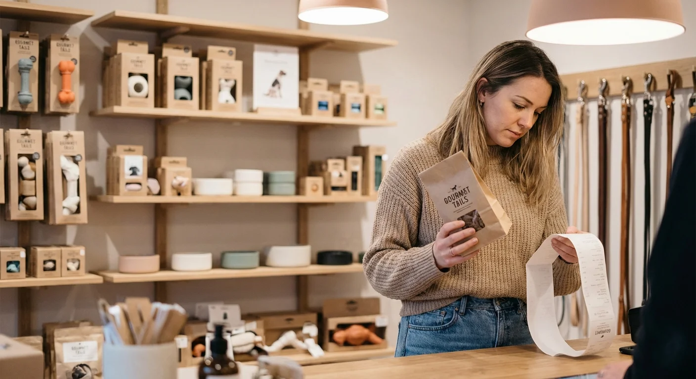 A pet owner reviewing a receipt in a modern pet store to track spending habits.