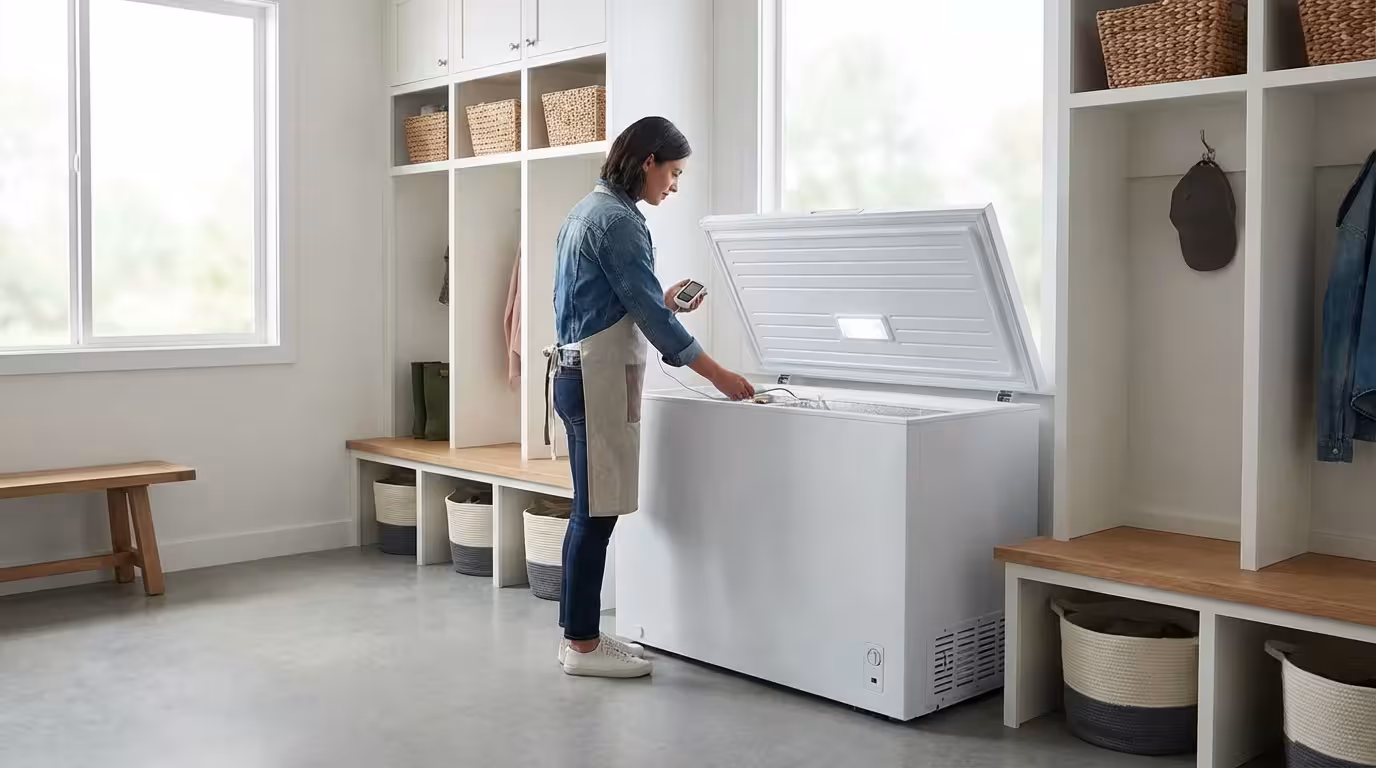 Woman using a digital thermometer to check a white chest freezer in a modern mudroom.