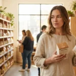 Woman comparing two boxes of food while shopping in a bright, modern grocery store.