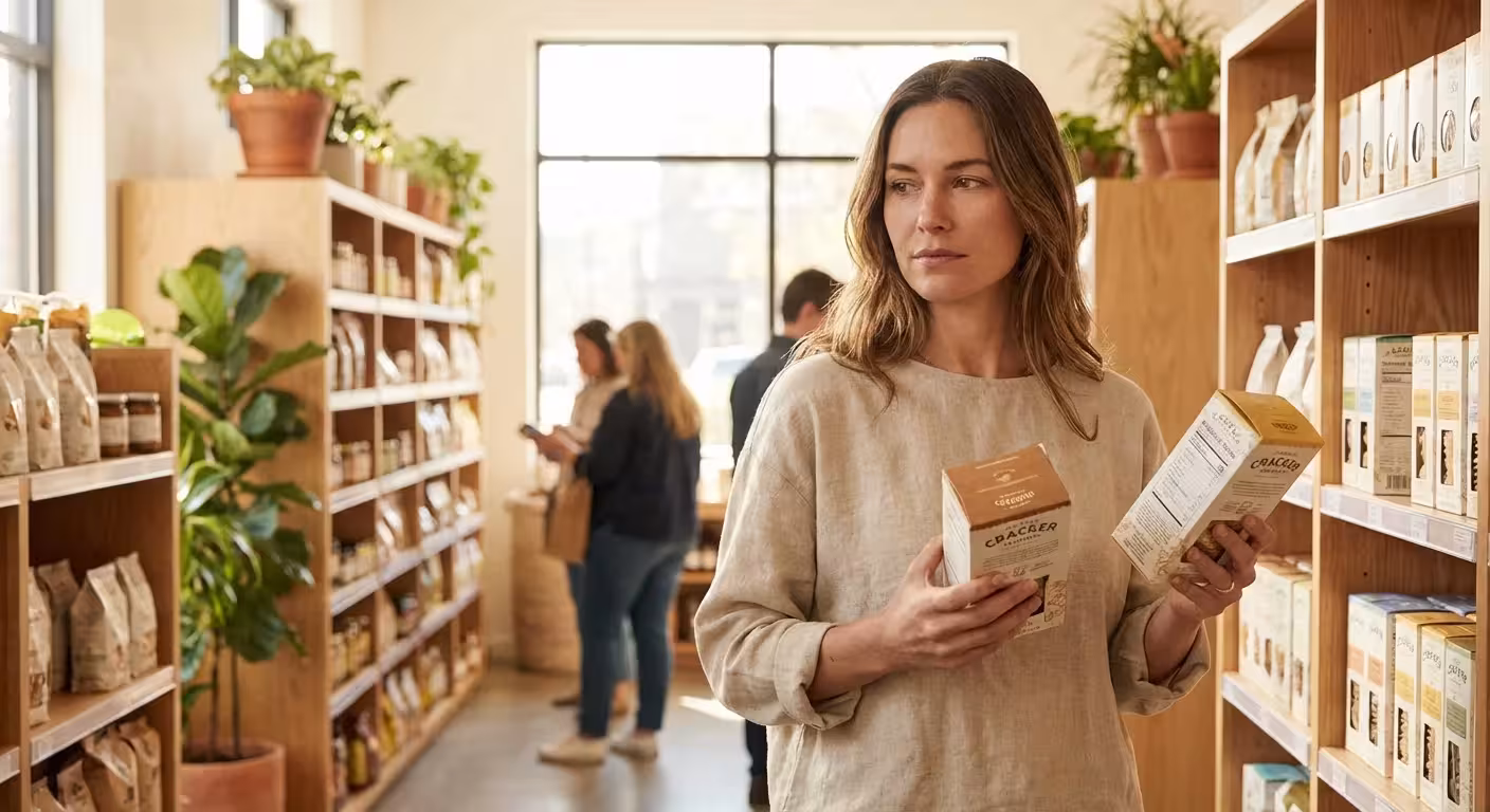 Woman comparing two boxes of food while shopping in a bright, modern grocery store.