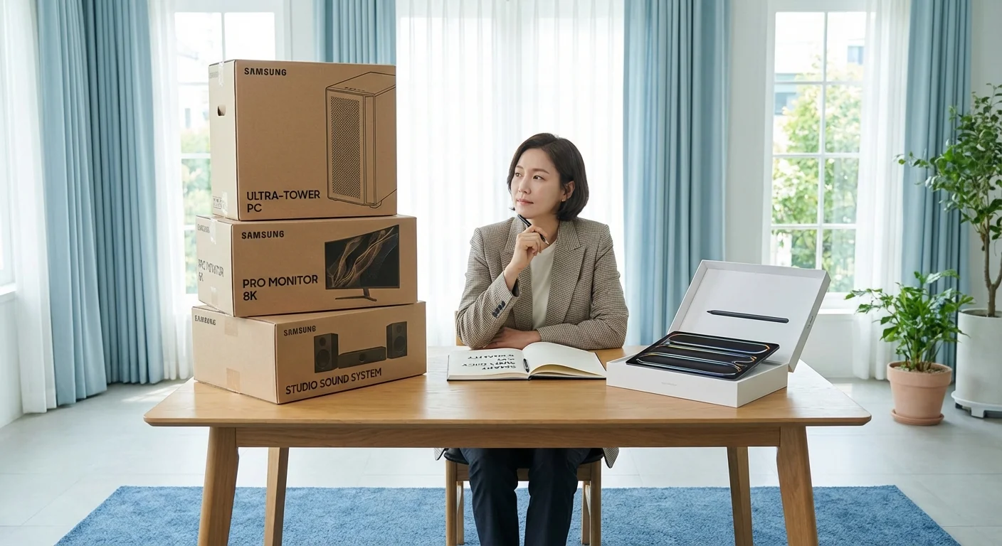 A person evaluating their tech purchases at a desk in a bright room.
