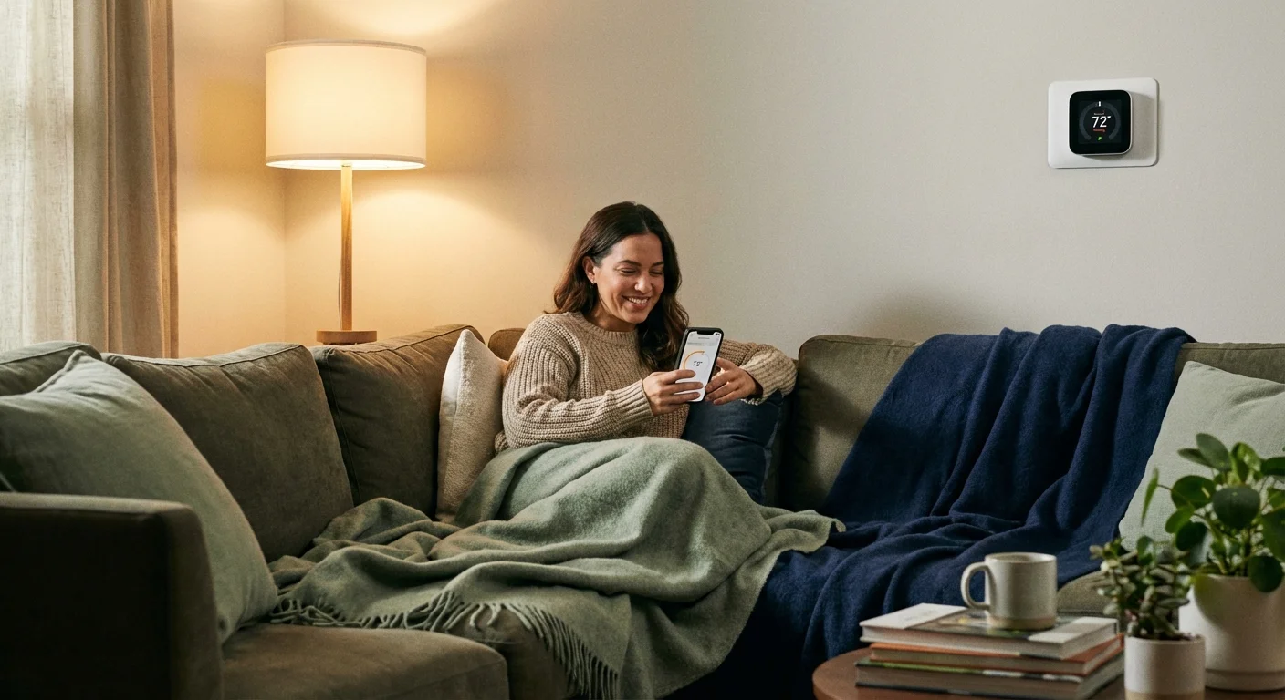 A person comfortably adjusting their home temperature from their phone while on the couch.