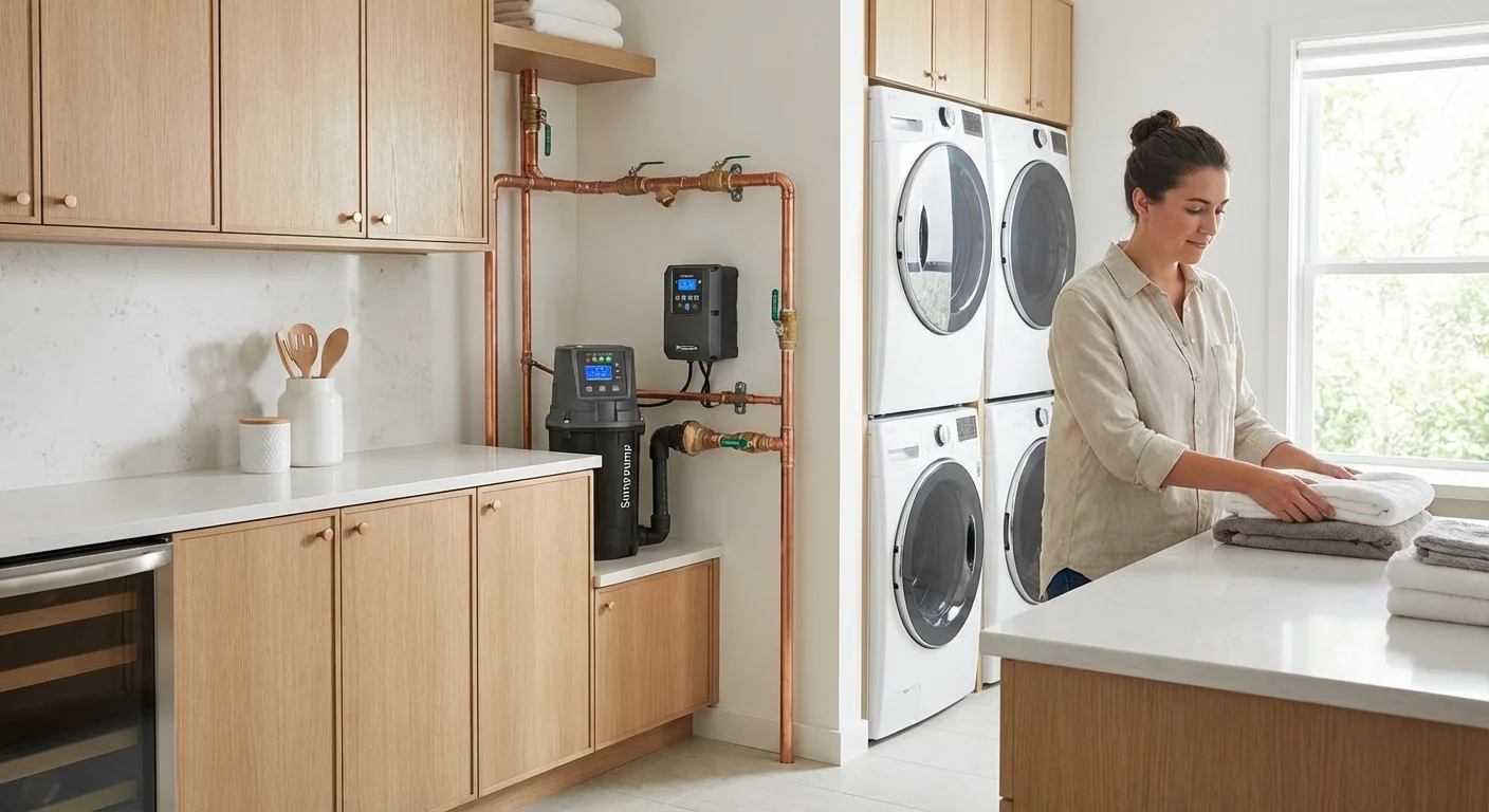 A clean, modern laundry room showing well-maintained utility pipes.