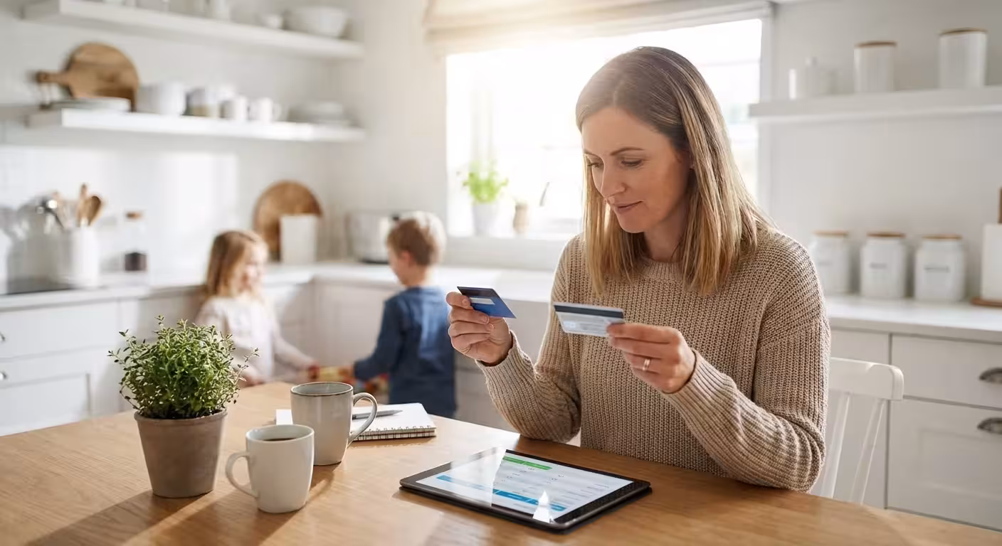 A woman at a kitchen table comparing membership costs on a digital tablet.