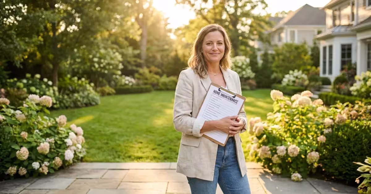 Smiling woman holding a home maintenance clipboard in a lush garden outside a house.