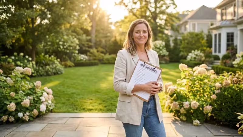 Smiling woman holding a home maintenance clipboard in a lush garden outside a house.