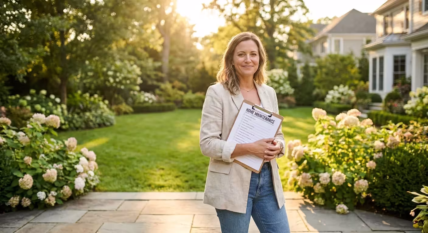 Smiling woman holding a home maintenance clipboard in a lush garden outside a house.