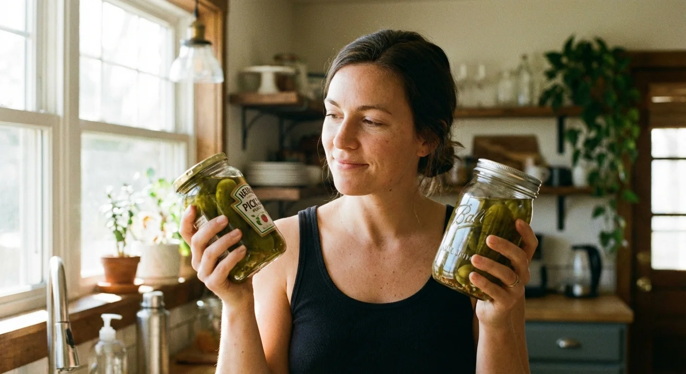 A person comparing a store-bought jar and a home-canned jar in a kitchen.