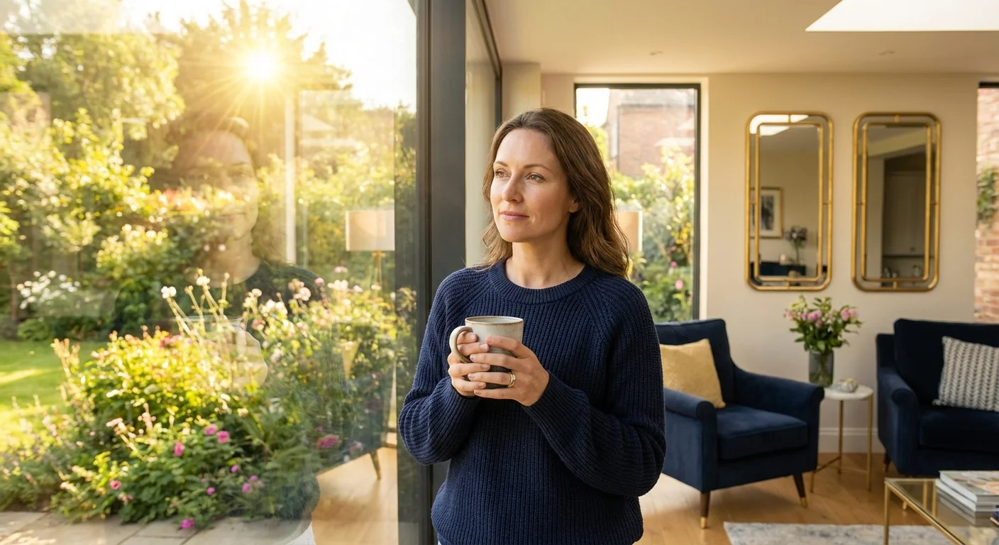 A person looking out a window at a sunny yard, looking thoughtful.