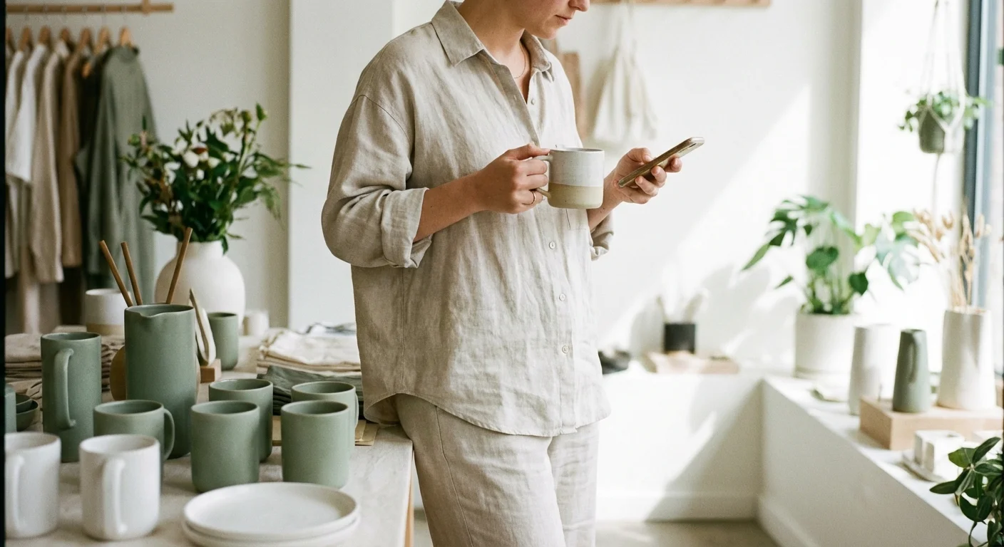 A person checking their phone while shopping in a bright, modern store.
