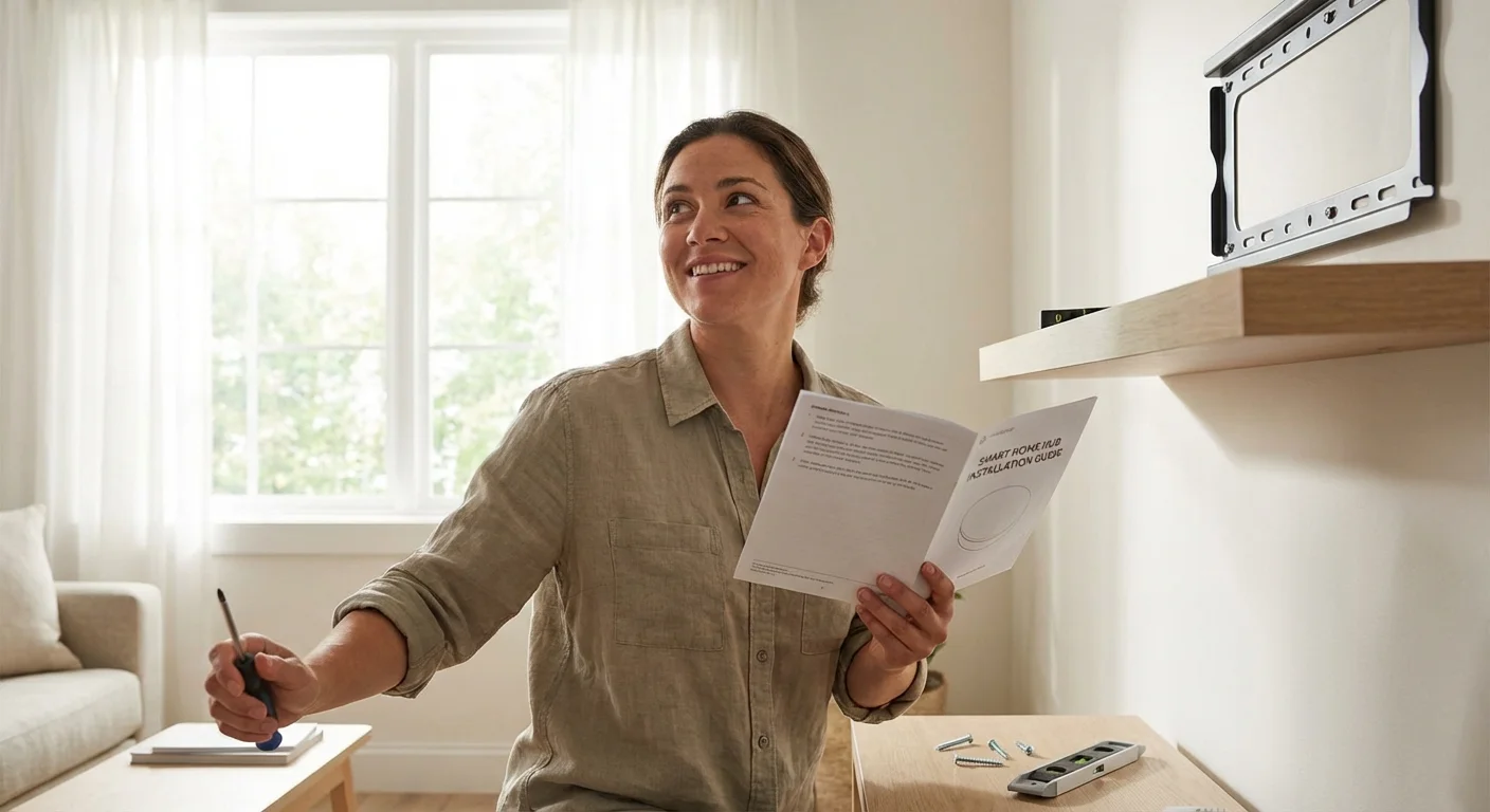 A person preparing to install a smart home device with a screwdriver and manual.