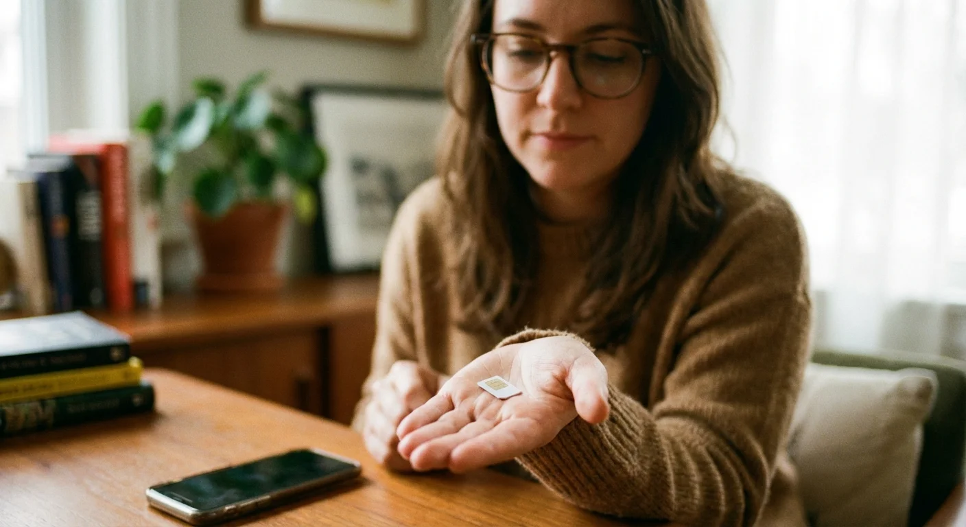 Hands writing a grocery list on a kitchen counter with coffee and a phone.