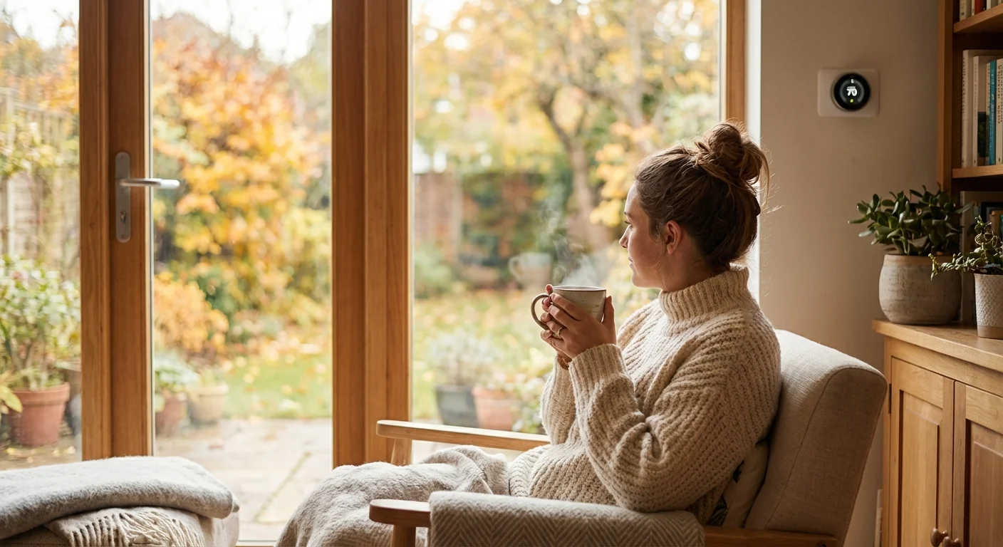 A person in a warm sweater holding a mug, illustrating comfortable energy saving.