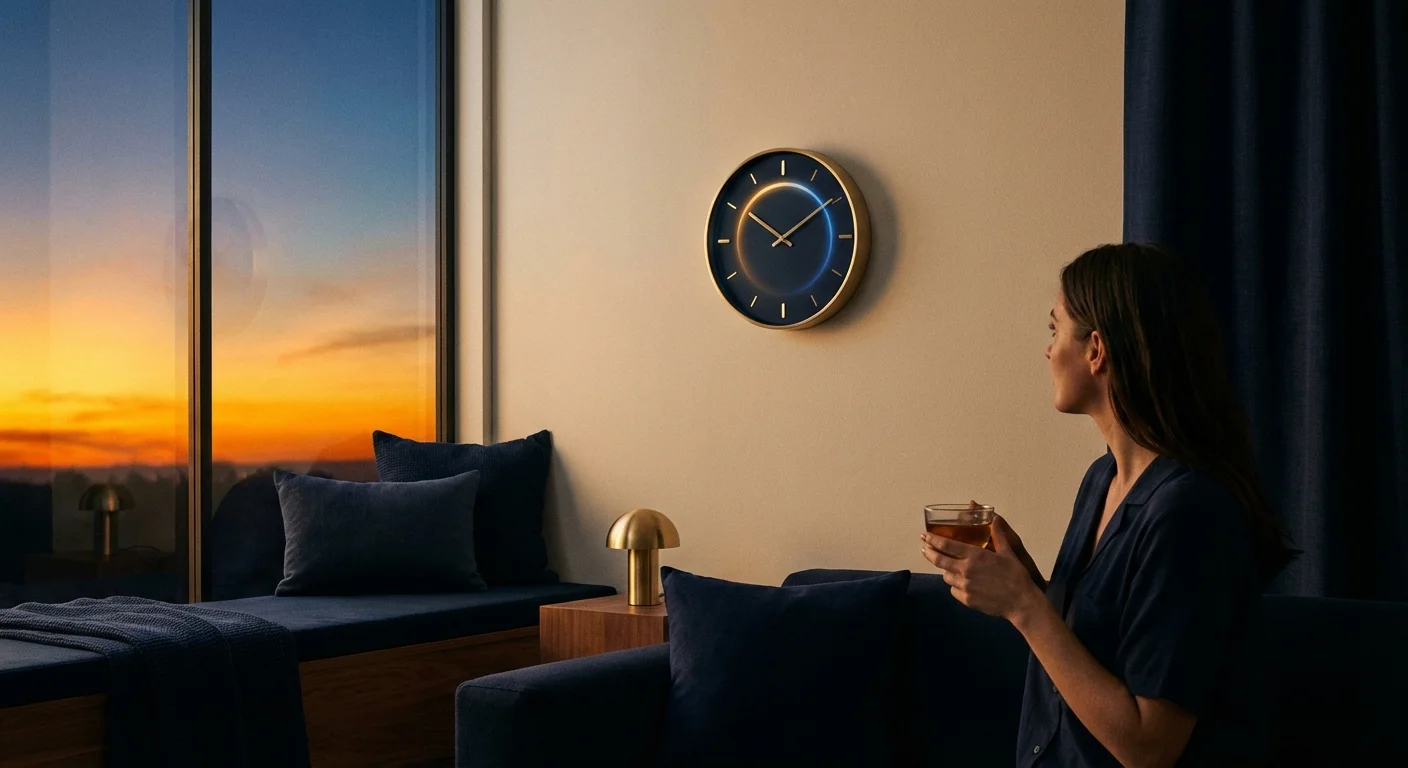 A modern wall clock against a window showing the transition from sunset to twilight.