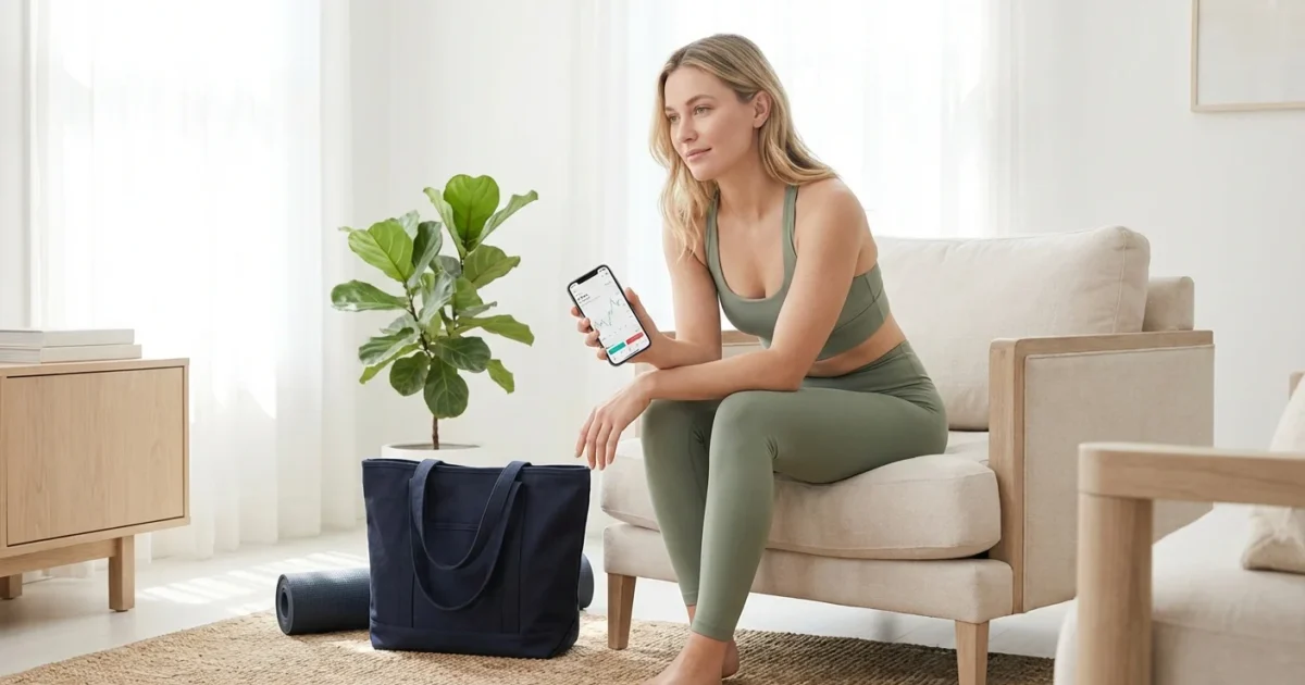 Woman in green activewear sitting on an armchair holding a smartphone with a stock market app