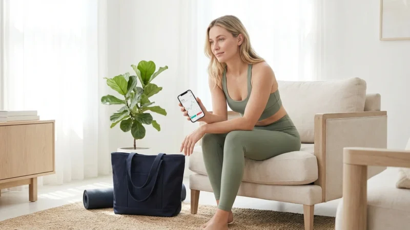 Woman in green activewear sitting on an armchair holding a smartphone with a stock market app