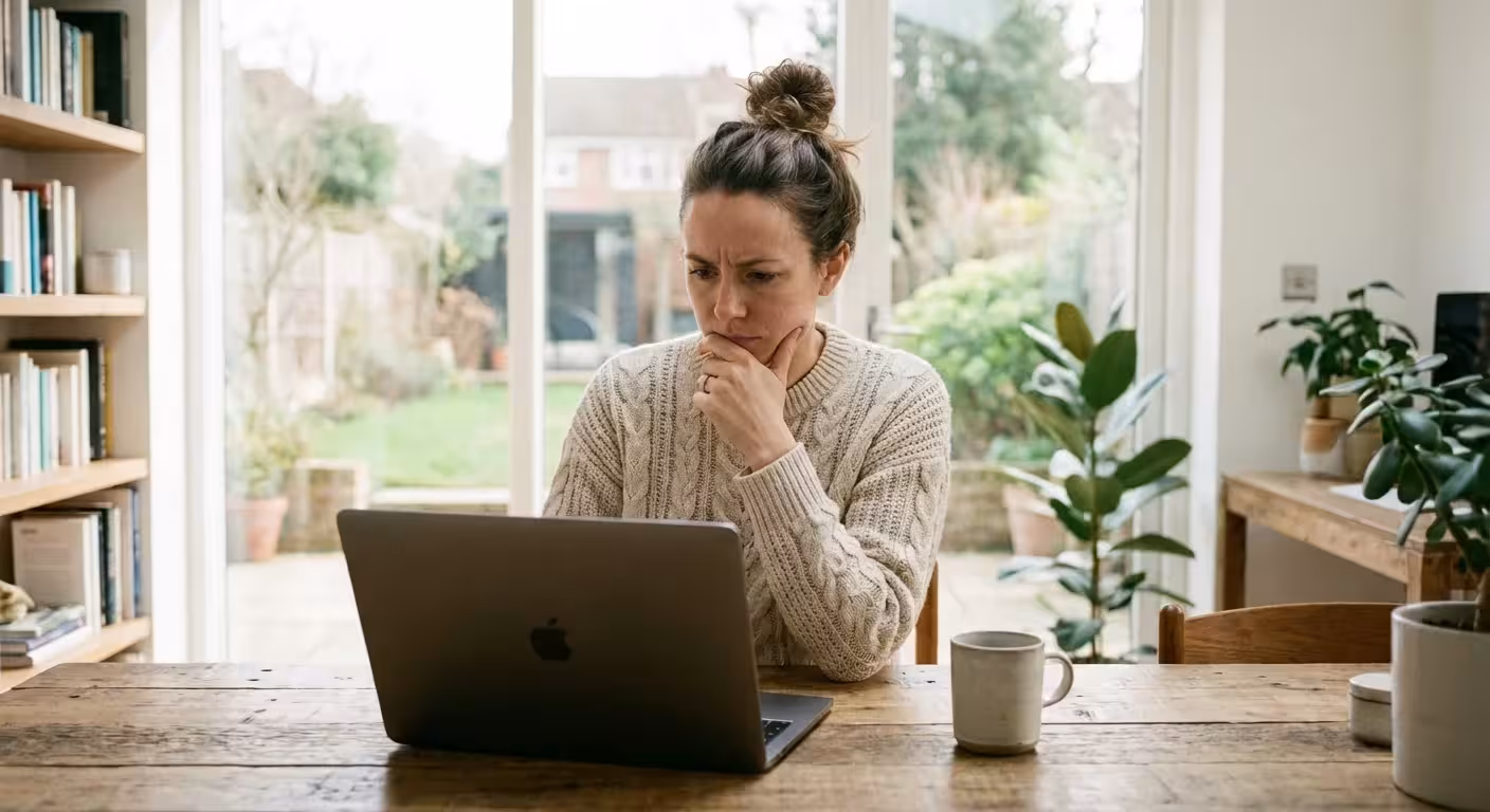 A person looking thoughtfully at a laptop screen in a home office.